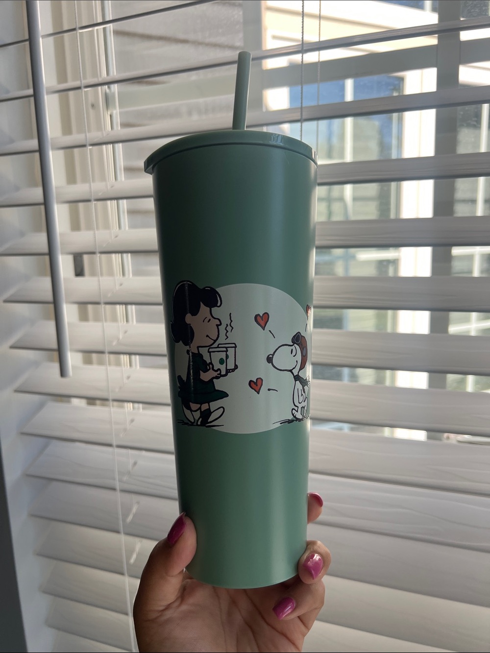 Green Peanuts Snoopy Travel Tumbler with Straw